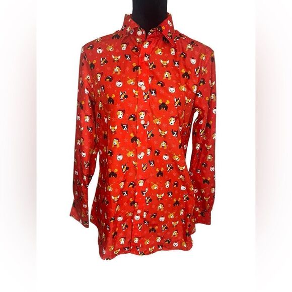 SIMON BANKS CHRISTMAS FESTIVE HOLIDAY PARTY SANTA CLAUS DOG BUTTON UP MENS SMALL - Picture 4 of 9